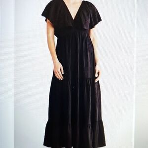 New Mila Mae Flutter Sleeve Tiered Back Tie Maxi Dress Black Medium